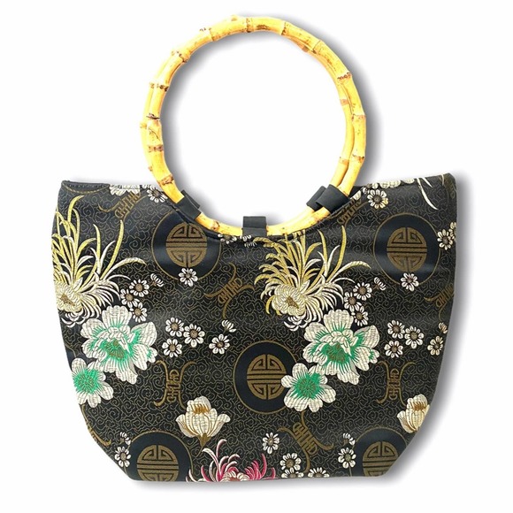 Bamboo Handle Black Asian Print Floral Round Wood Handle Canvas Handbag - Picture 1 of 9